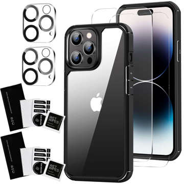 Case for iPhone 14 Pro Max set of 4 glasses 5in1 armored 360 Alogy Hybrid 2x screen glass 2x lens black-transparent