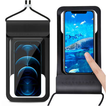 Case pouch TWC1 waterproof watertight cover for phone 6.8" IPX8 30M transparent window Black