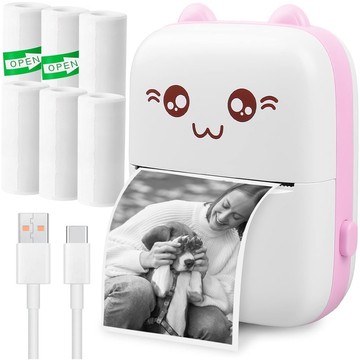 Drukuś Thermal Printer with 6 Rolls of Thermal Paper for Kids Pink