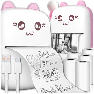 Drukuś Thermal Printer with 6 Rolls of Thermal Paper for Kids Pink