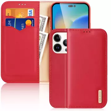 Dux Ducis Hivo leather flip case genuine leather wallet for cards and documents iPhone 14 Pro red