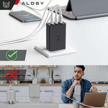 Fast 65W wall charger 2x USB-C type C PD USB-A USB Alogy 3 ports strong Black