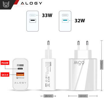 Fast USB-A QC 3.0 Quick Charge USB-C PD 33W 65W wall charger Alogy White