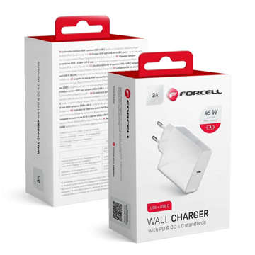 Forcell wall charger with USB-C Type C 3A 45W PD QC 4.0 connector White