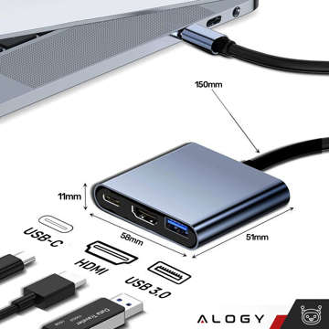 HUB 3in1 adapter USB-C to HDMI USB-A USB-C 4K 60Hz Alogy gray