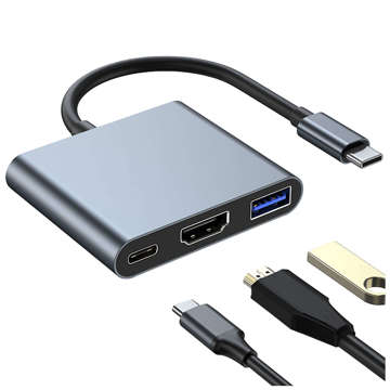 HUB 3in1 adapter USB-C to HDMI USB-A USB-C 4K 60Hz Alogy gray