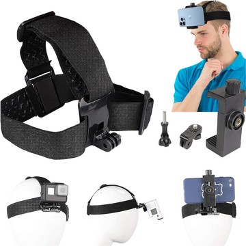 Headband, helmet, 2-in-1 holder for phone, GoPro Hero, DJI, SJCAM, EKEN Alogy sports cameras, black