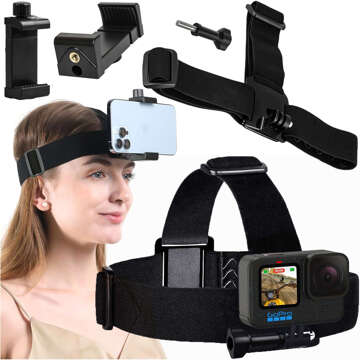 Headband, helmet, 2-in-1 holder for phone, GoPro Hero, DJI, SJCAM, EKEN Alogy sports cameras, black