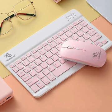 Keyboard Mouse Set Wireless Mouse for Laptop PC Bluetooth AN-030 Silent Slim Pink and White