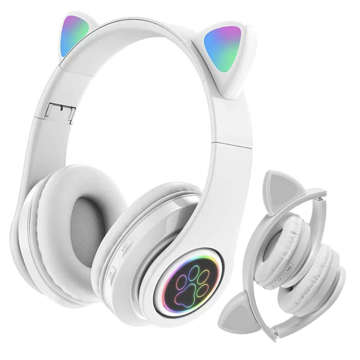 LED RGB Bluetooth 5.0 Bluetooth 5.0 FM MP3 radio wireless headphones Cat ears glowing White