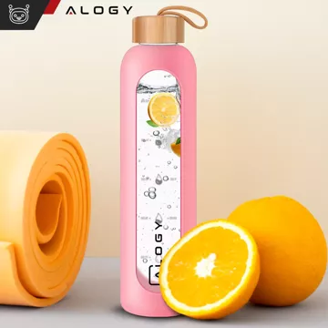 Large glass bottle water bottle drinking beverages Alogy Motivational measuring cup 1l 1000ml silicone case Pink