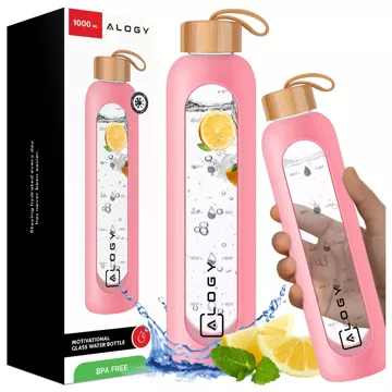 Large glass bottle water bottle drinking beverages Alogy Motivational measuring cup 1l 1000ml silicone case Pink