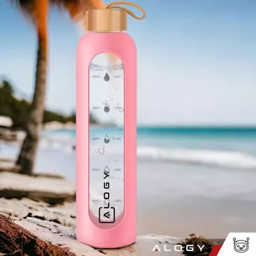 Large glass bottle water bottle drinking beverages Alogy Motivational measuring cup 1l 1000ml silicone case Pink