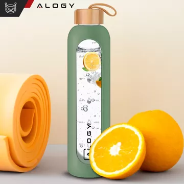 Large glass bottle water bottle drinking drinks Alogy Motivational measuring cup 1l 1000ml silicone case Olive