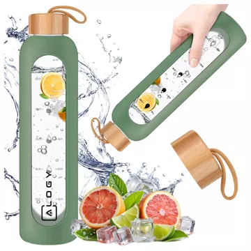 Large glass bottle water bottle drinking drinks Alogy Motivational measuring cup 1l 1000ml silicone case Olive