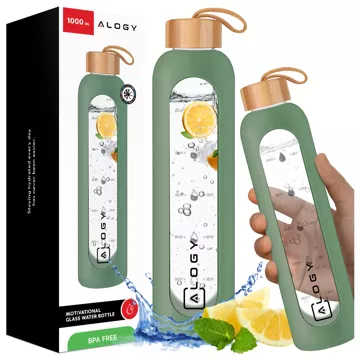 Large glass bottle water bottle drinking drinks Alogy Motivational measuring cup 1l 1000ml silicone case Olive