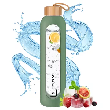 Large glass bottle water bottle drinking drinks Alogy Motivational measuring cup 1l 1000ml silicone case Olive