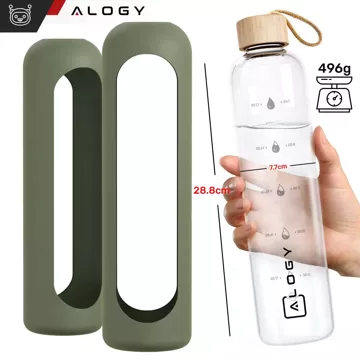 Large glass bottle water bottle drinking drinks Alogy Motivational measuring cup 1l 1000ml silicone case Olive