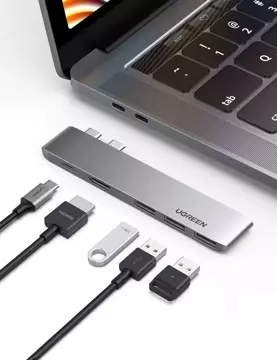 Multifunctional HUB UGREEN 2x USB Type C to USB Type C PD (Thunderbolt 3, 100W, 4K@60 Hz, 10 Gbps) / HDMI 4K@30 Hz / 3x USB 3.0 for MacBook Pro / Air gray (60559)