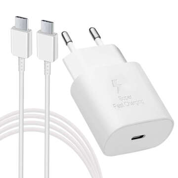 Original Samsung USB-C Wall Charger 25W Type C Cable 180cm Premium Super Fast Charge Set White