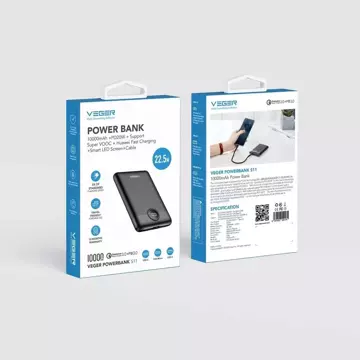 Powerbank External battery (POWER BANK) VEGER S11 - 10,000mAh LCD Quick Charge PD 22.5W black (W1140)