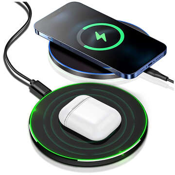 QI wireless inductive charger 15W fast LED Alogy round for iPhone USB-C cable Black