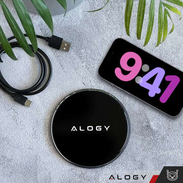 QI wireless inductive charger 15W fast LED Alogy round for iPhone USB-C cable Black