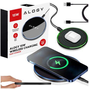 QI wireless inductive charger 15W fast LED Alogy round for iPhone USB-C cable Black