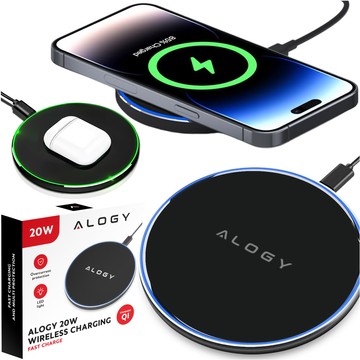 QI wireless inductive charger 20W fast LED Alogy round strong USB-C cable Black