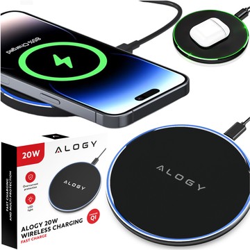 QI wireless inductive charger 20W fast LED Alogy round strong USB-C cable Black