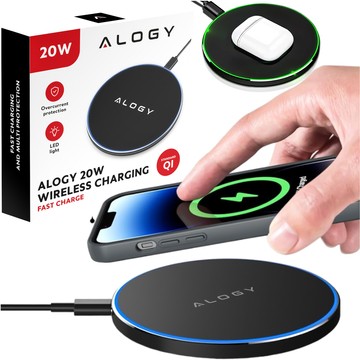 QI wireless inductive charger 20W fast LED Alogy round strong USB-C cable Black