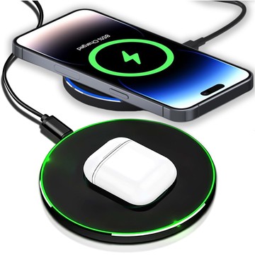 QI wireless inductive charger 20W fast LED Alogy round strong USB-C cable Black