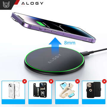 QI wireless inductive charger 20W fast LED Alogy round strong USB-C cable Black