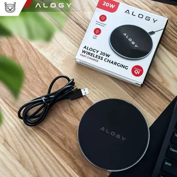 QI wireless inductive charger 20W fast LED Alogy round strong USB-C cable Black