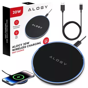 QI wireless inductive charger 20W fast LED Alogy round strong USB-C cable Black