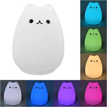 RGB LED night light for children kitten cat USB rechargeable 16 colors silicone touch white