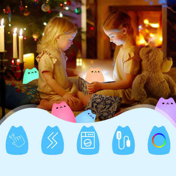 RGB LED night light for children kitten cat USB rechargeable 16 colors silicone touch white