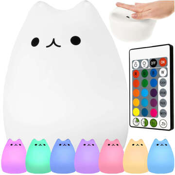 RGB LED night light for children kitten cat USB rechargeable 16 colors silicone touch white