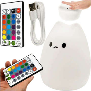 RGB LED night light for children kitten cat USB rechargeable 16 colors silicone touch white