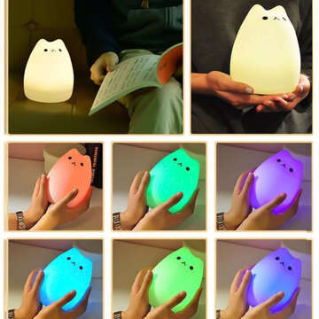 RGB LED night light for children kitten cat USB rechargeable 16 colors silicone touch white