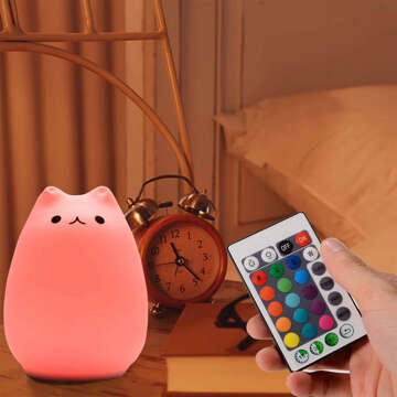 RGB LED night light for children kitten cat USB rechargeable 16 colors silicone touch white