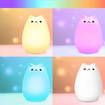 RGB LED night light for children kitten cat USB rechargeable 16 colors silicone touch white