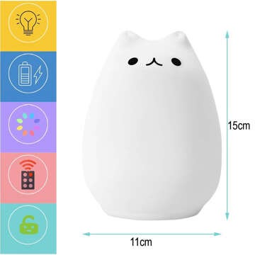 RGB LED night light for children kitten cat USB rechargeable 16 colors silicone touch white