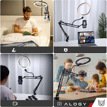 Ring LED Alogy drawing lamp with flexible arm and desk stand, phone holder, black