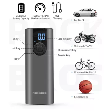 Rockbros 42720001001 electric bicycle pump with LED display USB-C - USB-A cable - black