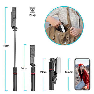 Selfie Stick Tripod L15 Tripod L15 Phone Holder with LED Lamp Bluetooth Remote Control Black