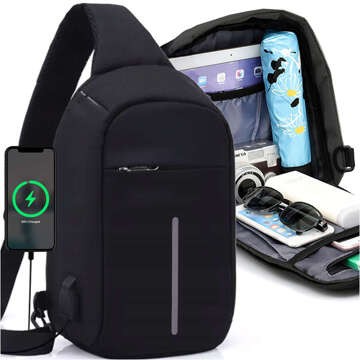 Single-shoulder backpack for men, women, school, youth, urban, small, Black Alogy, with USB, anti-theft