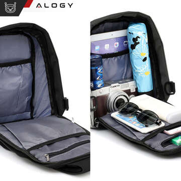 Single-shoulder backpack for men, women, school, youth, urban, small, Black Alogy, with USB, anti-theft