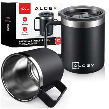 Thermal mug 420 ml with a handle and lid for coffee, tea, steel, cold and hot drinks, Alogy Black