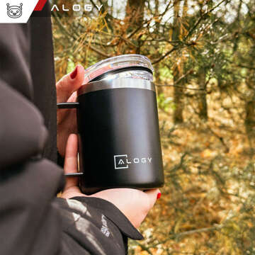 Thermal mug 420 ml with a handle and lid for coffee, tea, steel, cold and hot drinks, Alogy Black